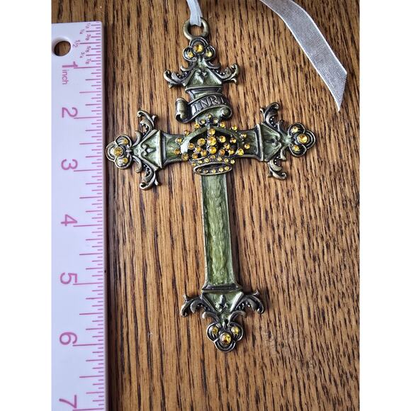 Decorative Cross Ornament Green W/ Crown & Gold Rhinestones - Picture 5 of 5